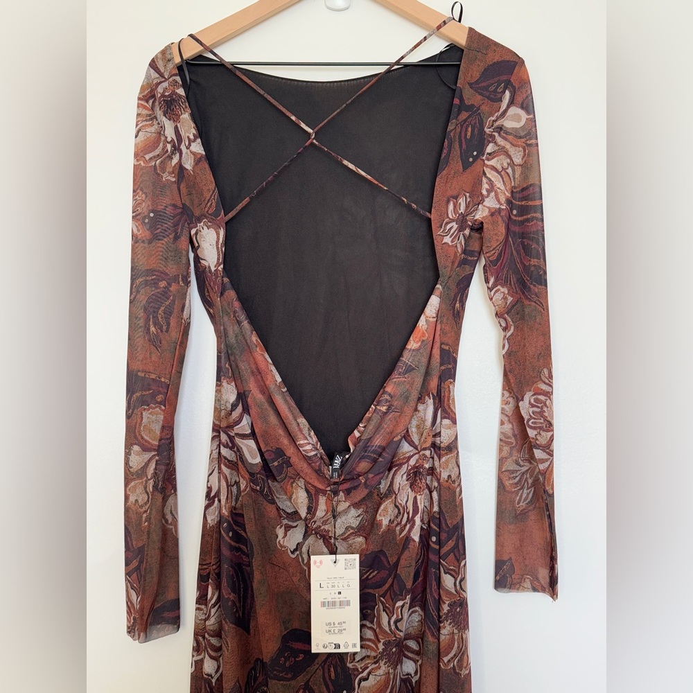ZARA 5039/397 090 PRINTED TULLE DRESS size large light brown - Picture 4 of 14